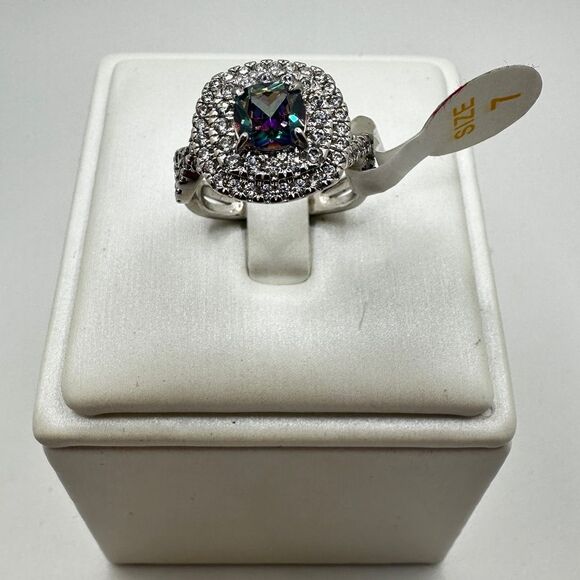 NWT Bomb Party, cushion cut "mystic topaz" ring w/ double halo of cz diamonds! - Picture 10 of 10
